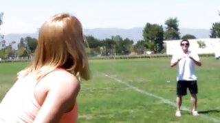 Bitchy girlie is playing football with arousing man